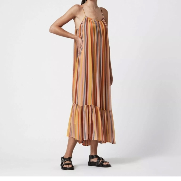 All Saints Paola Cotton Orange Yellow Pink Stripe Spaghetti Strap Midi Dress - Picture 3 of 9
